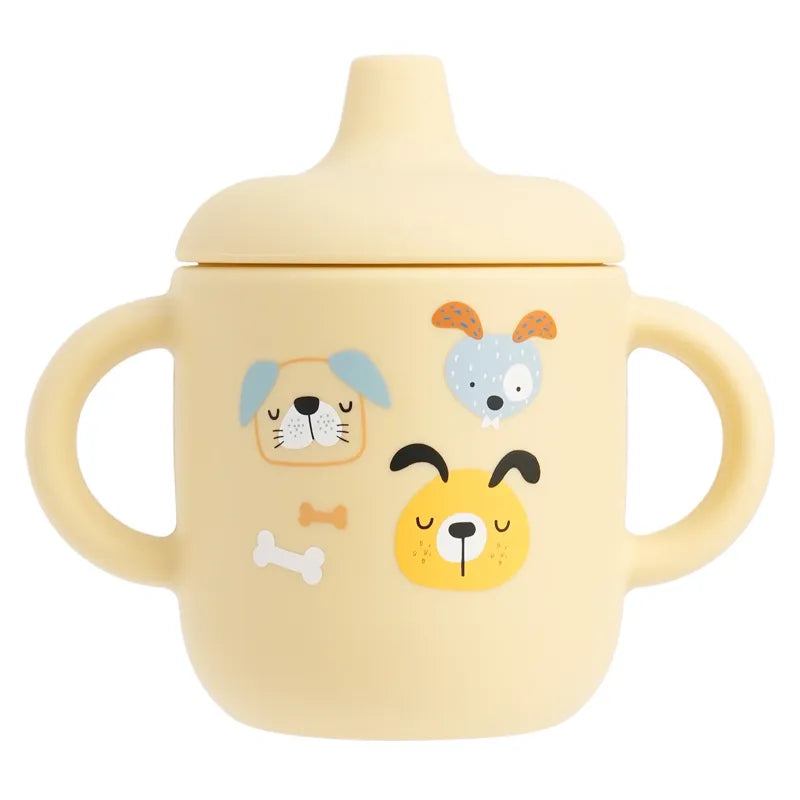 Verre bébé silicone jaune décor chiens et os