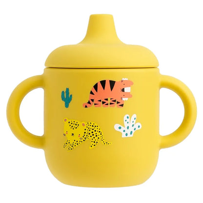 Gobelet bébé jungle silicone jaune avec tigre et léopard