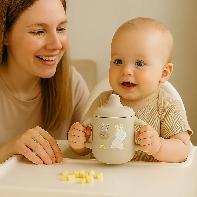 Bébé avec verre d’apprentissage en silicone beige sans BPA