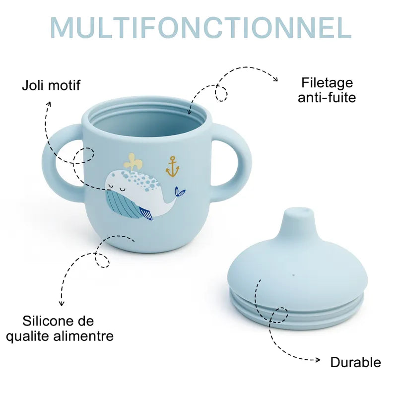 Tasse d’apprentissage bébé en silicone bleu multifonction