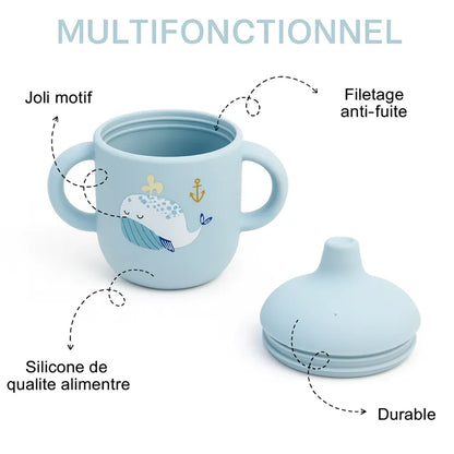 Tasse d’apprentissage bébé en silicone bleu multifonction