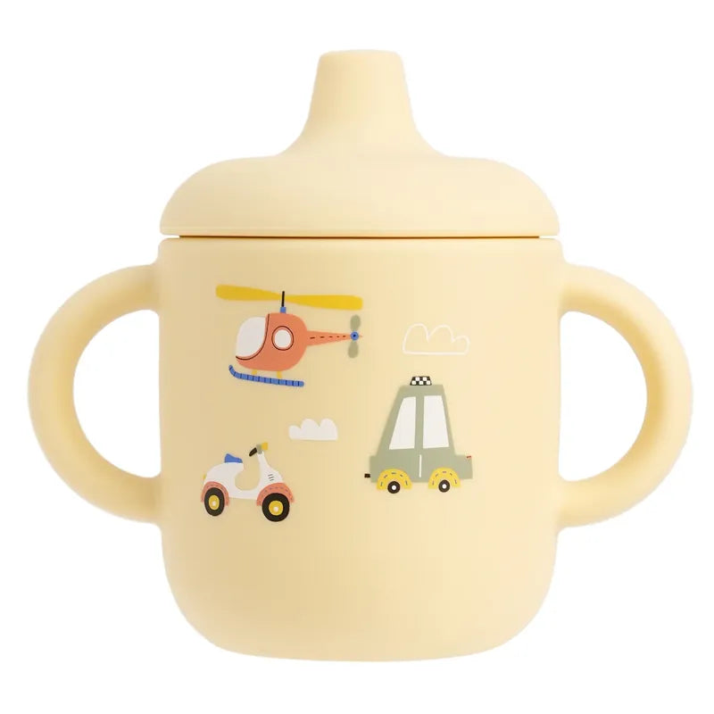 Gobelet bébé jaune avec dessins voiture hélicoptère scooter