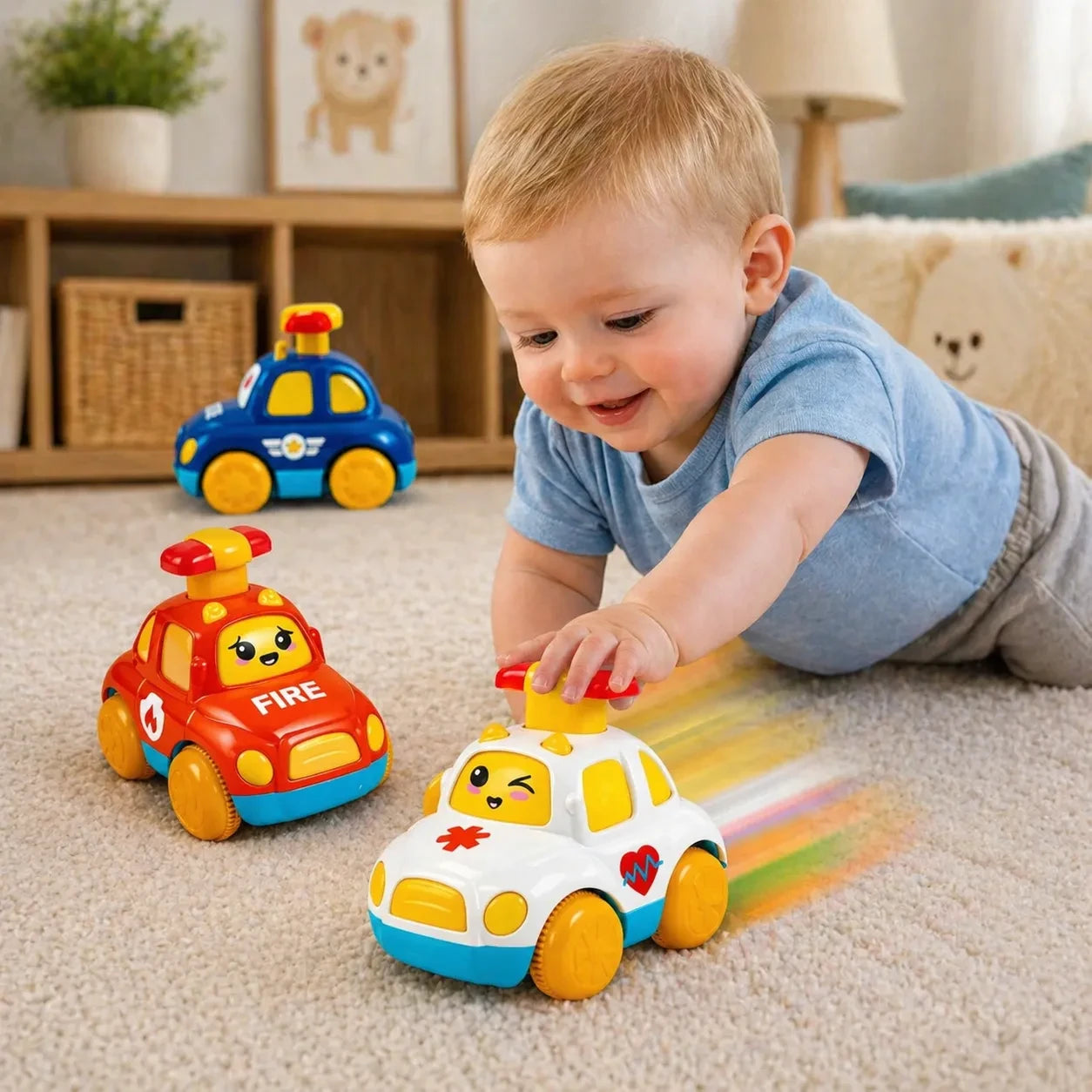 bébé jouant avec voiture jouet press and go dans chambre enfant avec décor doux et coloré
