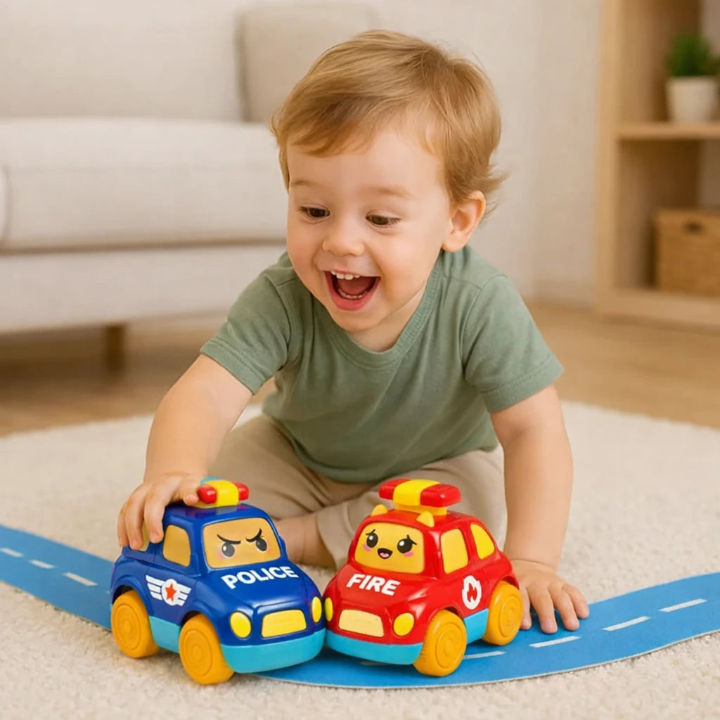 Voitures jouet bébé press and go police et pompier avec bébé qui joue