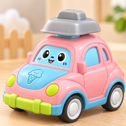 Petite voiture jouet rose et bleue pour bébé avec motif glace, roues et bouton poussoir sur le toit