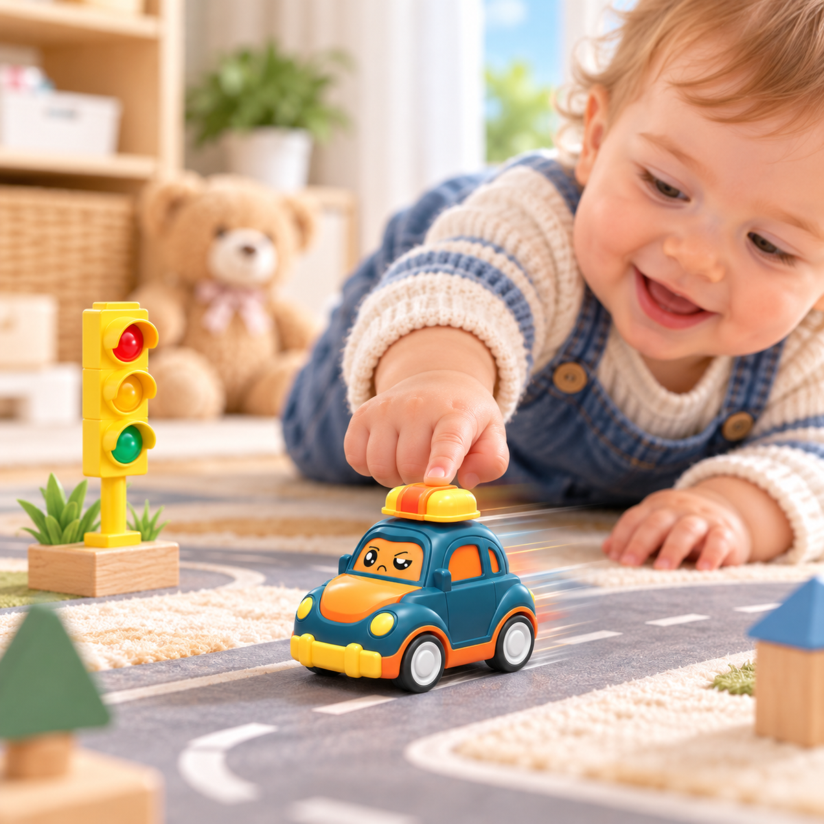 Bébé souriant jouant avec une petite voiture de police bleue et orange à mécanisme de pression, sur un tapis de jeu avec circuit routier.