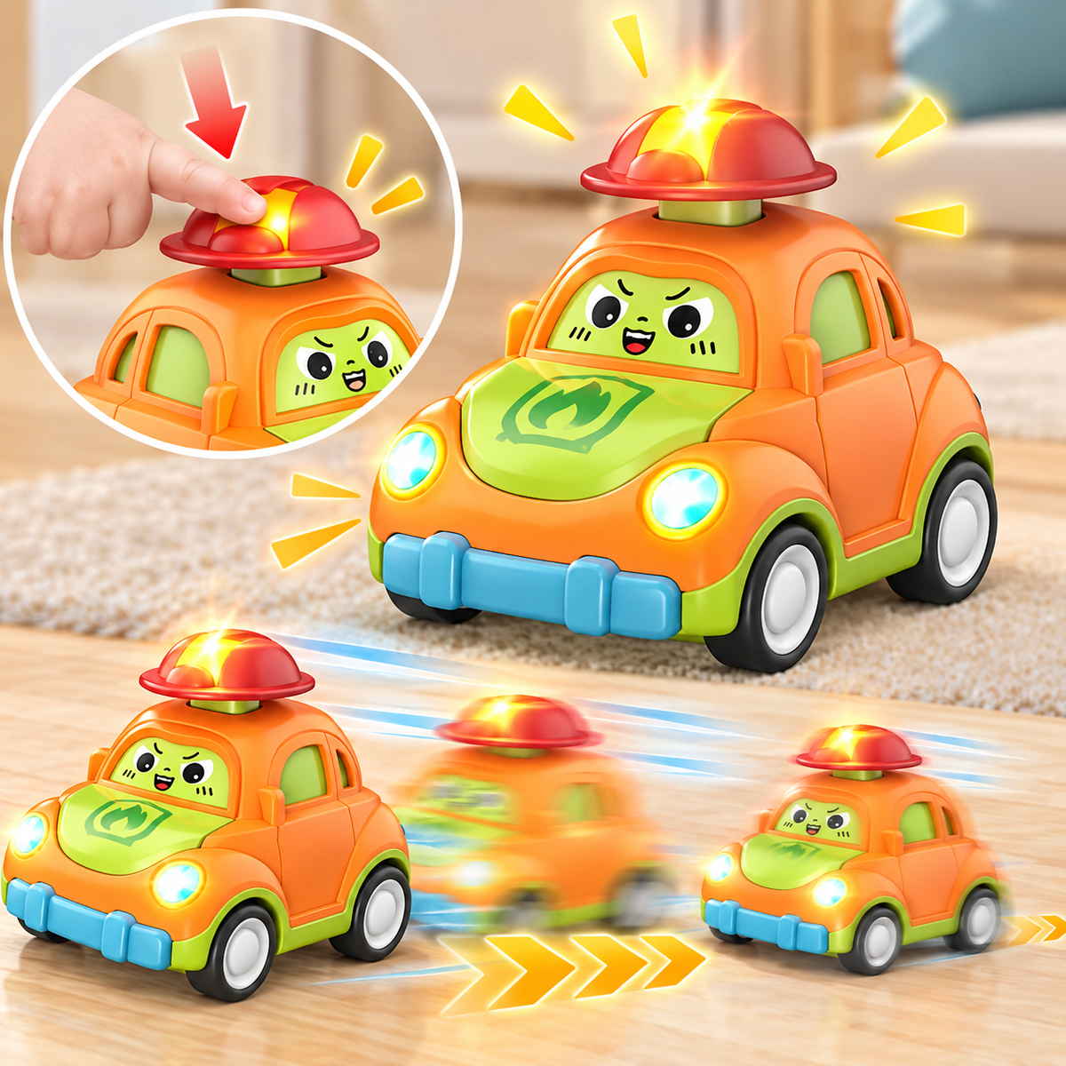 Voiture de pompier jouet orange avec gyrophares lumineux et bouton poussoir illustrant son déplacement sur le sol.