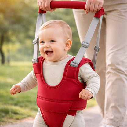 Harnais de marche bébé rouge sécurisé pour aider bébé à faire ses premiers pas en toute confiance